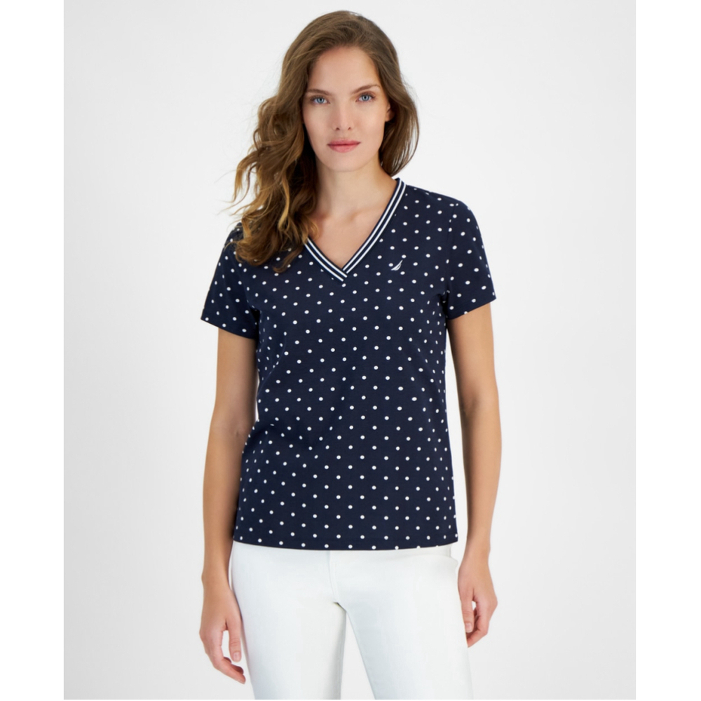 Nautica Jeans Women's Small Navy Polka-Dot Print V-Neck Short-Sleeve Top NWT